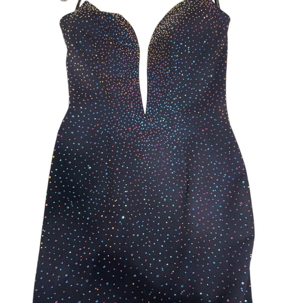 Sherri Hill Elegant Navy Dress with Colorful Accents